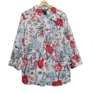 KAREN SCOTT Floral Swiss Dot Button Down Shirt Sz 2X
